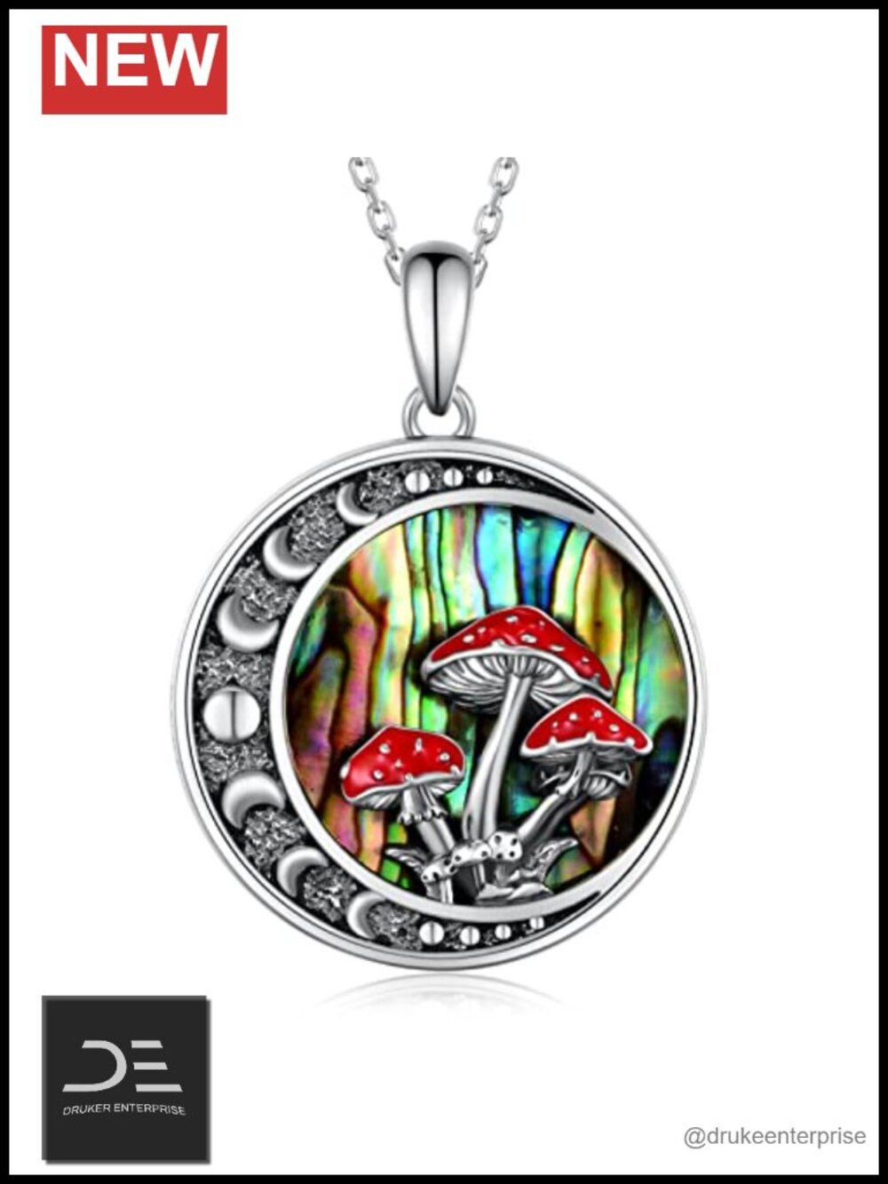 Sterling Silver Red Mushroom Moon Phase Pendant Necklace 18-20" Women Gift